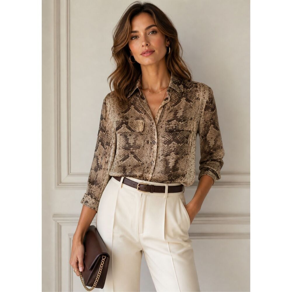 Equipment Femme 100% Silk Signature Slim Fit Button-Up Snake Print Shirt